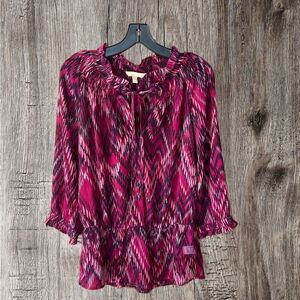 Banana Republic Sheer Top Magenta Medium Cinch Waist w/ Tie at Neck